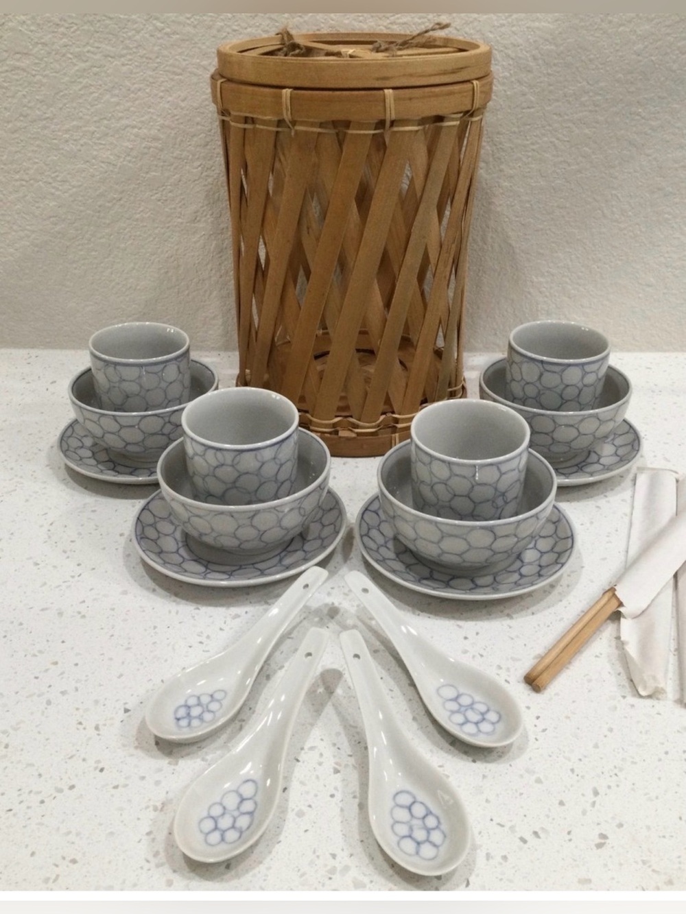 IKEA Asian 16 pc set dinnerware set with  Bamboo Basket